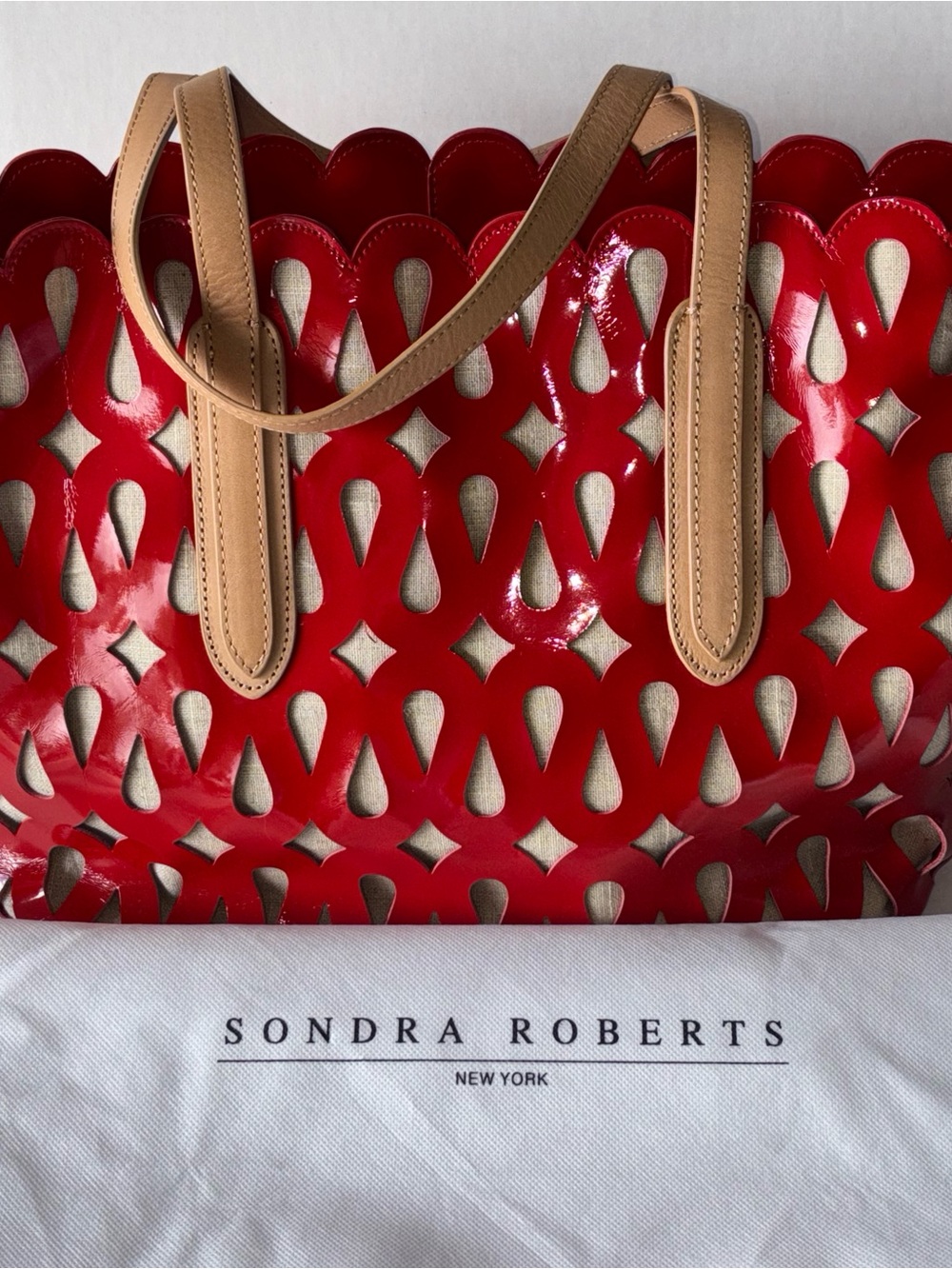 Sondra Roberts Red Patent Cutout Tote with Tan Handles